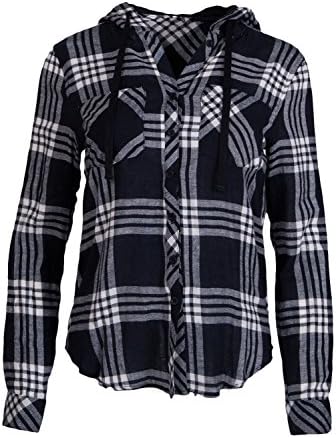 Ladies Black Flannel Plaid Drawstring Button-up Hoodie