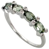 14k White Gold Ring 4mm wide, w/ 0.06 Carat Round Brilliant Diamonds & 1.55 Carats Oval Cut Green Sapphire Stones