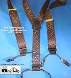 Black suspenders with burgundy French horn pattern