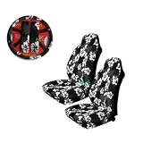 A Set of 5 Pc. Universal-fit Hawaiian Front Bucket Seat Cover, Steering Wheel Cover and Shoulder Harness Pressure Relief Cover - Charcoal Black Hibiscus Floral Print