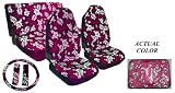 Pink Hawaiian Hibiscus 7 PC Auto Accessories Combo - Front & Rear Seat Covers, Steering Wheel Cover & Shoulder Pads