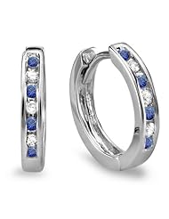 0.20 Carat (ctw) 10k White Gold Small Round Blue Sapphire & White Diamond Huggie Hoop Earrings 11 mm diameter