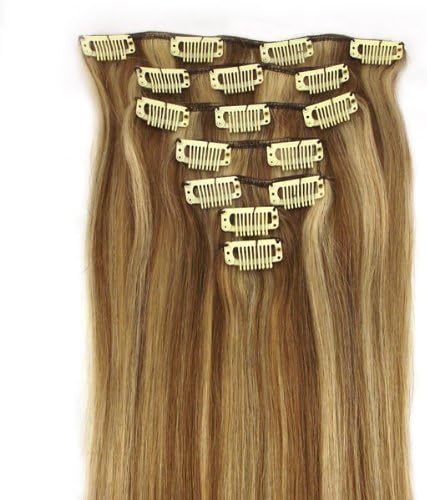 Clip in Remy Human Hair Extensions 12/613# Light Brown with Bleach Blonde 7pcs 70g (20) by New OK buy