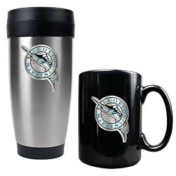 Florida Marlins MLB Stainless Steel Travel Tumbler & Black Ceramic Mug Set - Primary Logo by Great American Products