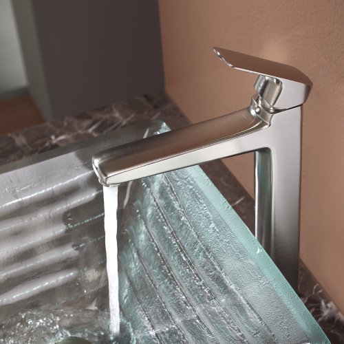 Kraus C-GVS-910-15mm-15500BN Clear Alexandrite Glass Vessel Sink and Virtus Faucet, Brushed Nickel
