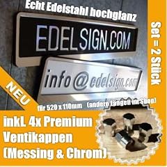 EDELSTAHL Kennzeichenhalter SET (2 St�ck) INOX BLING Premium KlappRahmen Nummernschildhalter Material V2A RVS Top Front App Design inkl. 4 x verchromten Ventilkappen (Messing + Chrom) + Edelstahl Befestigungsmaterial. F�r alle 520 x 110 mm Auto Kennzeichen (nicht f�r �sterreich!)