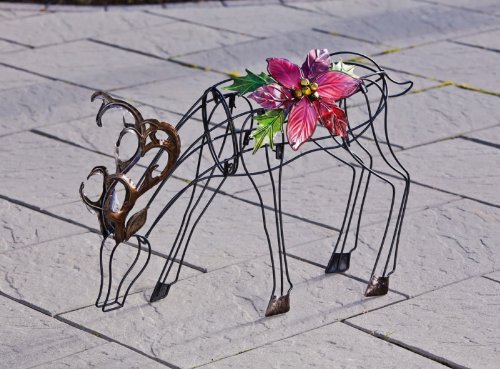 Poinsettia Magesty, Reindeer Topiary Statuary,Glass and Metal,29x9.5x20 Inches