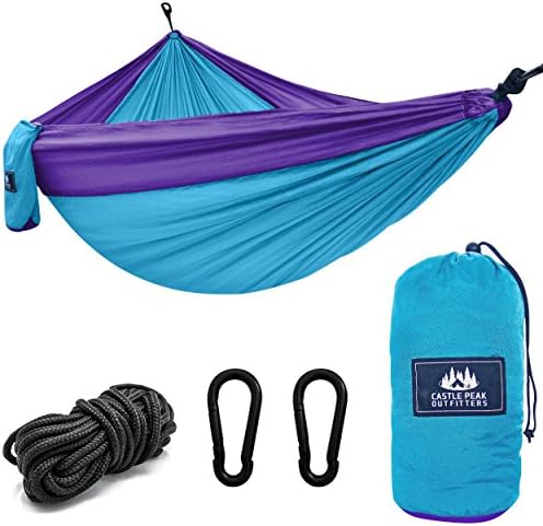 Castle Peak Outfitters XL Double Camping Hammock Swing - Parachute Nylon, Free Standing Hanging Hammock For Sleeping, Bedroom, Yard, Outdoors, Traveling Everything Included (turquoise/purple)