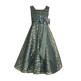 Bonnie Jean Girls 7-16 TEAL-BLUE IRIDESCENT METALLIC STRIPE CRINKLED SHEER OVERLAY Special Occasion Wedding Flower Girl Holiday Pageant Party Dress