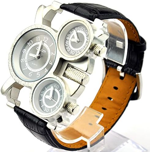 IE-LY® Oversized Sports Mens Wrist Watch Three Time Black Leather Band