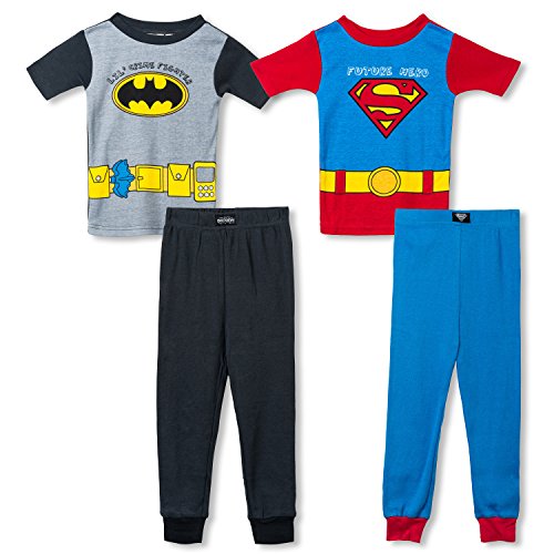 Boys Little Heroes Batman and Superman 4 Piece Cotton Pajama Set, Toddler Sizes 2T-4T
