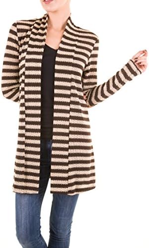 Women's Striped Long Cardigan Sweater with Elbow Patch (Brown,Small)
