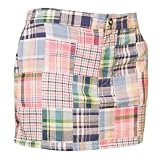 Madras Blue Plaid Check Patchwork Hand Sewn Ladies Girls Campus Mini Skirt, drawstring waist, 5 adult sizes