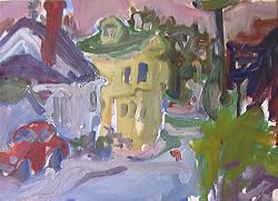 Pacific Grove Yellow Victorian, Original Oil Painting By Carmel Artist Victor Di Gesu - Unframed Artwork