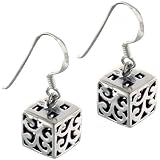 Tribal Design Cube Sterling Silver Dangle Earrings