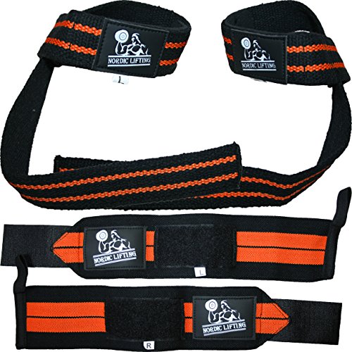 Wrist Wraps + Lifting Straps Bundle (2 Pairs) for Weightlifting, Crossfit, Workout, Gym, Powerlifting, Bodybuilding - Support for Women & Men, No Injury during Weight Lifting - Orange, 1 Year Warranty