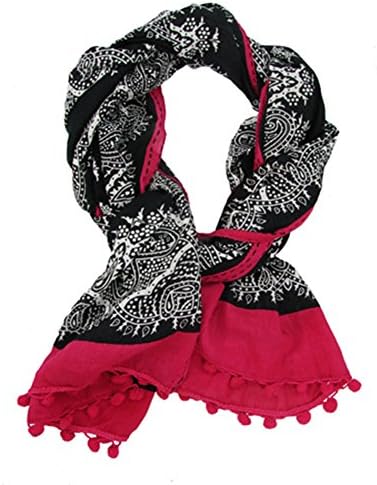 Paisley Scarf with Pom Poms Hand Screen Printed Cotton - Certified Fair Trade (Black)