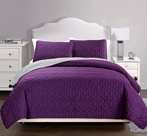 Coverlet Set-SALE-3-Piece Bedspread-Super Soft-HIGHEST QUALITY Brushed Microfiber reversible Quilt-Great Gift Idea (Full / Queen - Dark Purple, Grey)