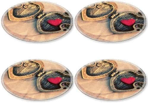 Heart Locket Figurine Bronze Chains Round Coaster (4 Piece) Set Fabric Rubber 5 Inch Size Luxlady Coaster Cup Mug Can Water Bottle Drink Coasters Stain Resistance Collector Kit Kitchen Table Top Desk
