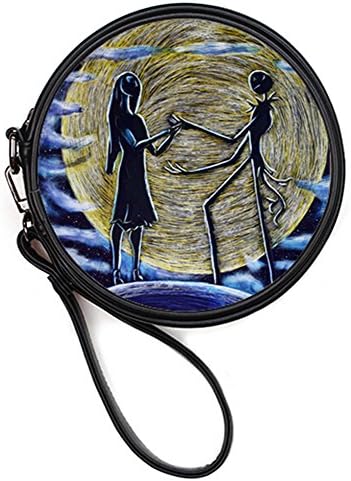 Fashion Leather Female Round Makeup Bag Cosmetis Case Handbags with Wristlet Strap Jack and Sally Print
