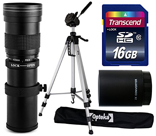 Opteka 420-1600mm f/8.3 HD Telephoto Zoom Lens Bundle Package includes 2X Teleconverter + 70" Tripod Photo/Video Tripod + 16GB Memory Card + Lens Cleaning Kit for Sony Alpha A230, A290, A330, A380, A390, A450, A500, A550, A560, A580, SLT-A33, SLT-A35, SLT-A37, SLT-A55, SLT-A57, SLT-A58, SLT-A65, SLT-A77, SLT-A77 II, SLT-A99 DSLR SLR Digital Camera