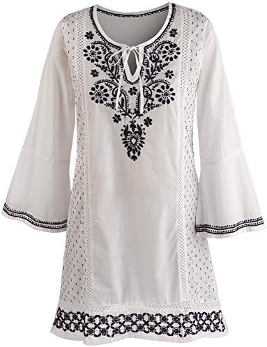 Women's Tunic Top - White And Black Embroidered 3/4 Sleeve Blouse - 2X