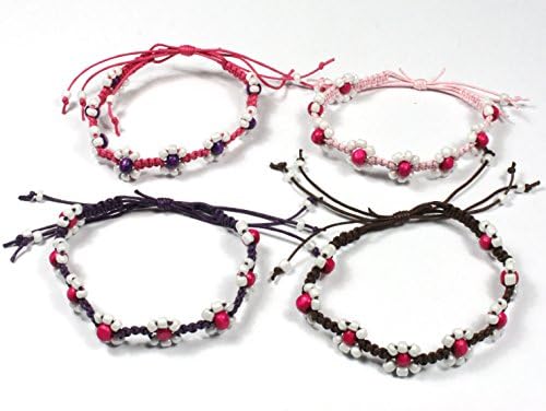 Handmade Flower Adjustable Macrame Pink Bead Surf Anklet with Waxed Cotton Cord