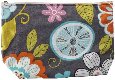 Dana Herbert Lily Large Lined Cotton Cosmetic Bag Charcoal Gray with Floral Print
