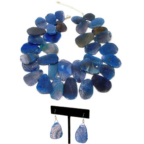 Genuine Blue Agate Cluster Sterling Silver Necklace & Earrings Set