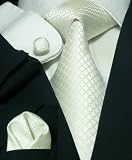 Landisun 71A White Plaids & Checks Mens Silk Tie Set: Tie+Hanky+Cufflinks