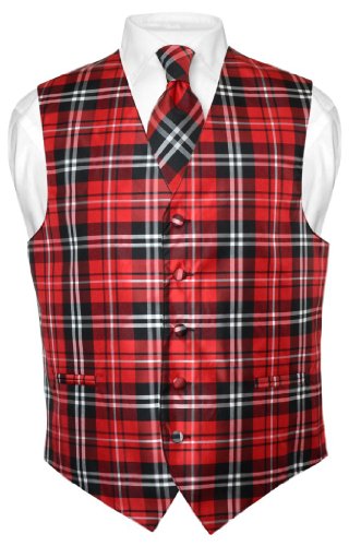 Men's Plaid Design Dress Vest NeckTie Black Red White Neck Tie Set