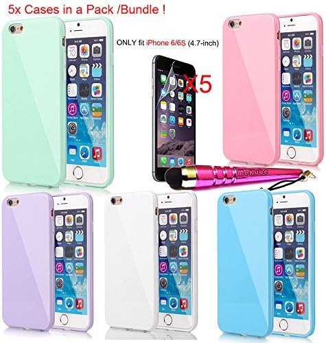 MeKube® Bundle of 5 Pieces, Slim-Fit [iPhone 6/6S], (4.7-inch) iPhone 6S Cases, Flexible Gel Soft Jelly TPU Covers Protectors & Stylus For Apple iPhone 6 6S(Mint Green/ Pink/ Blue/ Purple/White