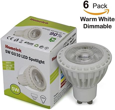 (6 Pack) Homelek 5W LED Recessed Light Bulbs, Equivalent to 50W, MR 16 Shape, Bi-Pin Base GU 10, Aluminum Reflector, 350 Lumens, 38° Beam Angle, Warm White 2700K