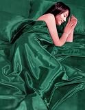Green Satin 6Pcs Fitted Sheet Duvet Quilt Cover Bed Set, Double