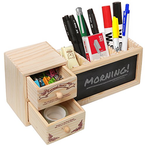 Natural Wood Office Supply Caddy / Pencil Holder / Desktop Stationary Organizer w/ Chalkboard - MyGift®