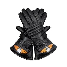 Embroidered 'Flame Skull' Lined Leather Motorcycle Gloves - Size : Medium