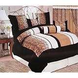 Queen Size Micro Suede Black / Light Brown /Beige Strip Patchwork Comforter Set