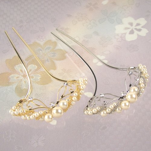 パールにチェーン簪(かんざし)ゴールド/シルバー 成人式 結婚式 黒留袖 振袖用 袴