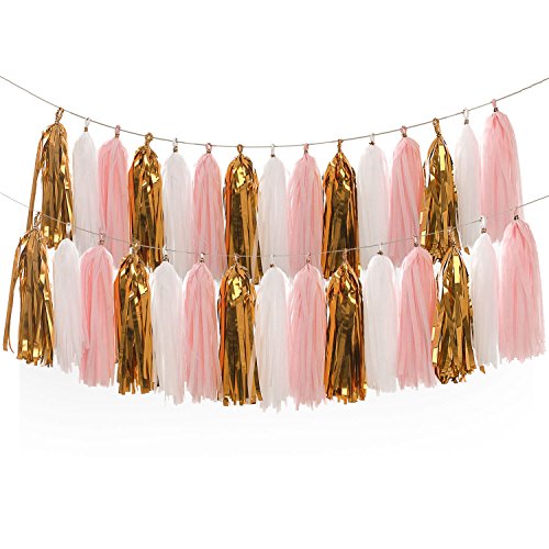 Ling's moment Paper Tassel Garland, Tissue Paper Tassels for Wedding, Baby Shower and Party Decorations, 15 pcs DIY Kits - (Pink+Metallic Gold+White), Pack of 2