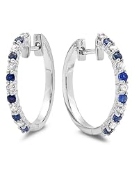0.60 Carat (ctw) 14k White Gold Round Blue Sapphire & White Diamond Ladies Huggies Hoop Earrings