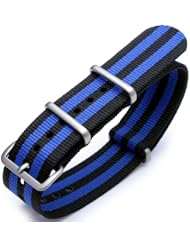 20mm G10 Nato James Bond Heavy Nylon Strap Brushed Buckle - J09 Double Black & Blue Strips