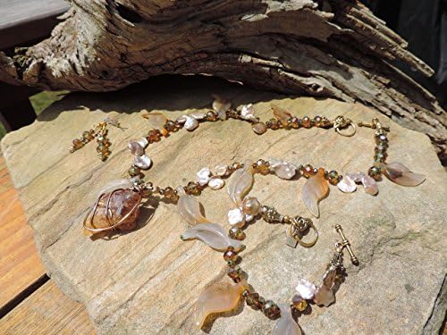 Arkansas Quartz Gold Wire Pendant W/Carved Multi-Colored Carnelian Leaves, Dyed Keshi Pearls, Assorted Crystals, Golf Filled Corrugated Beads & G.P. Pewter - Necklace, Bracelet & Earrings