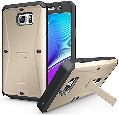 LYSTOCK Galaxy Note 5 Case, Shockproof Dustproof Dual Layer Havy Duty Rugged Hard Defender Armor Kickstand Cover Case Built in Screen Protector for Samsung Galaxy Note 5 (Gold)