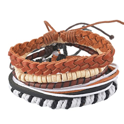 MJartoria Unisex PU Leather Hemp Cords Beaded Multi Strands Adjustable Wrap Bracelets Set of 5