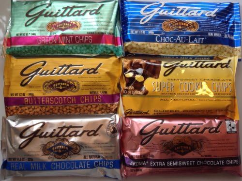 E. Guittard 11.5-12 ounce Variety Mix Pack of Chips 1 each - Green Mint, Choc-Au-Lait, Butterscotch, Super Cookie, Milk Chocolate, & Akoma Extra Semisweet Chocolate Chips