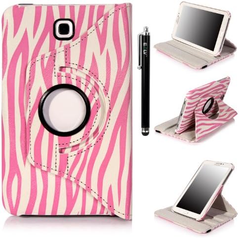 E-LV 360 Degrees Luxury Printed Pattern Rotating Stand Leather Smart Case for Samsung Galaxy Tab 3 with 1 Screen Protector, 1 Stylus and Microfiber Digital Cleaner (Galaxy Tab 3 7.0, Zebra Pink)