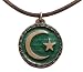 Green Enamel Crescent Moon and Star Pendant with Adjustable Cord