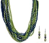 Pearlstone Sterling Silver 14 Strand Blue and Green Keshi and Rice Pearl Necklace and Earring Set