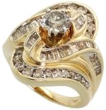 14k Yellow Gold Solitaire Ring 7/8 (23mm) wide, w/ 0.60 Carat Round Brilliant Diamond at the Center & 1.68 Carats Round Brilliant & Baguette Diamonds