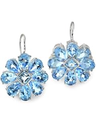 CleverEve Luxury Series Dazzling Blue Daisy French Wire Silver Earrings w/ Genuine Blue Topaz Pear Shaped Side Stones & Genuine Aquamarine Asscher Cut Center Stones